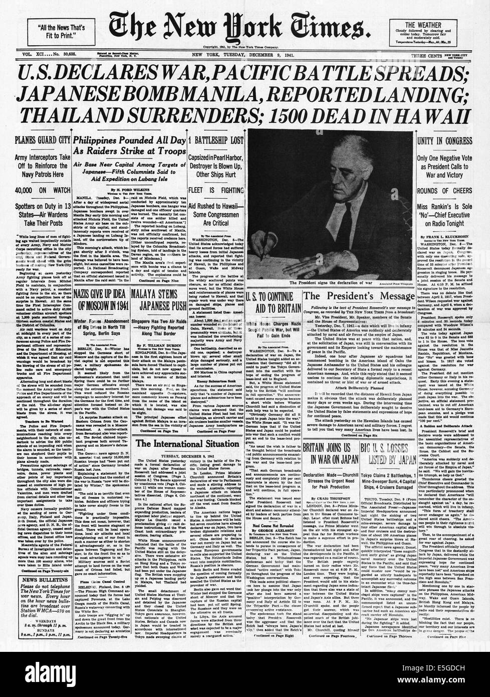 1941 New York Times Titelseite Berichterstattung USA erklärt Japan den Krieg Stockfoto