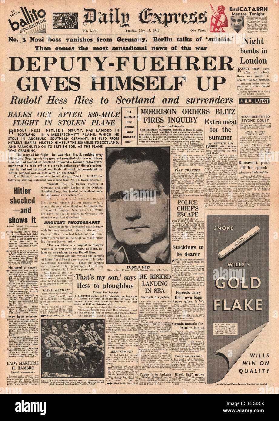 1941 daily Express Titelseite berichtet Rudolf Hess landet in Großbritannien Stockfoto