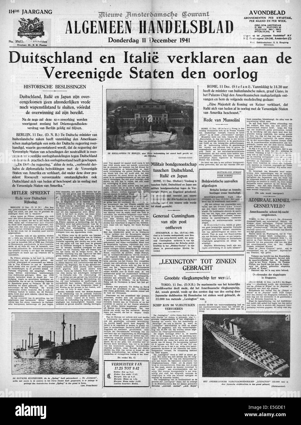 1941 Algemeen Handelsblad (Holland) Titelseite Berichterstattung, Deutschland und Italien erklären den Krieg USA Stockfoto