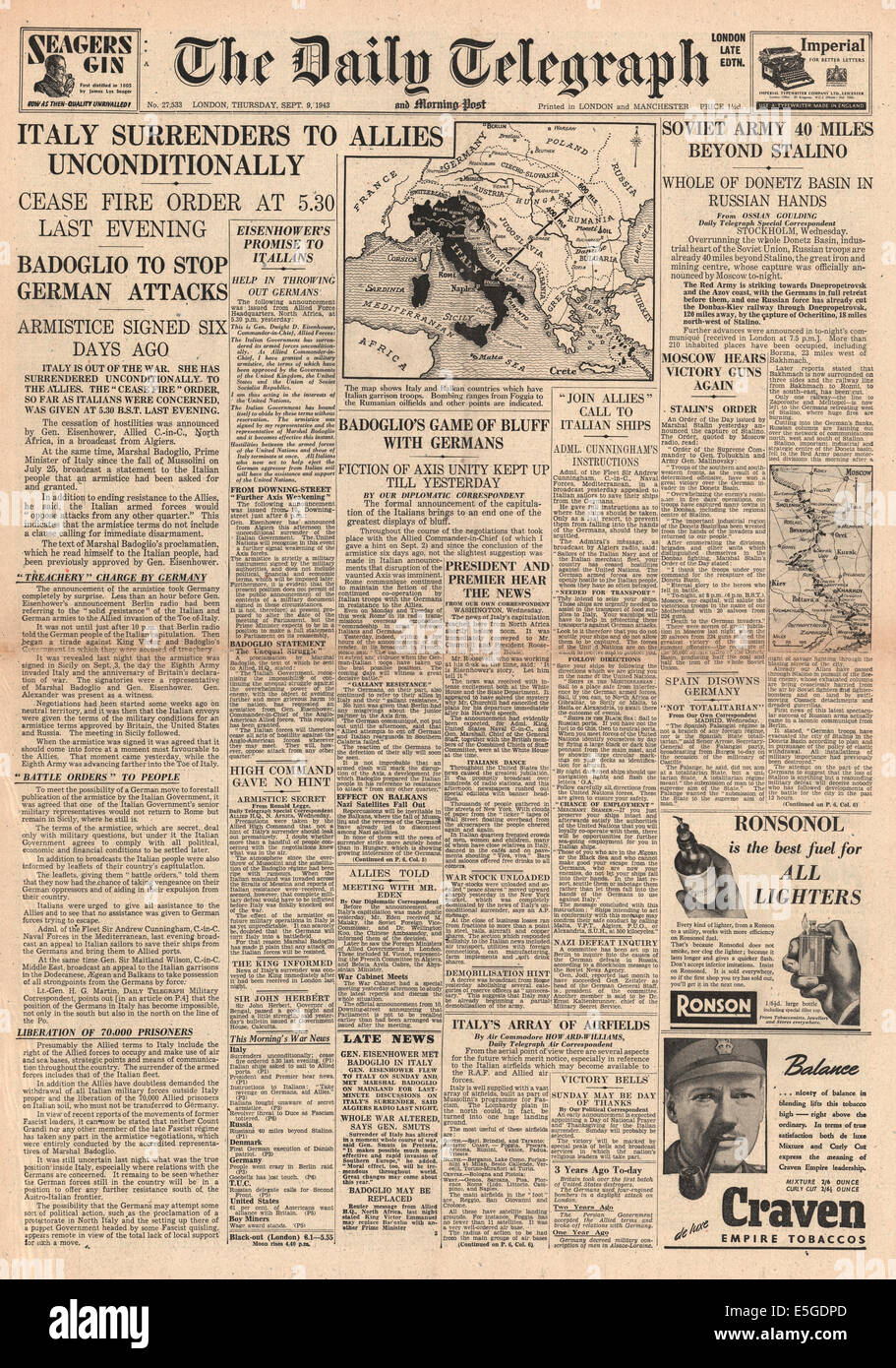 1943 daily Telegraph Titelseite die Kapitulation Italiens vor den Alliierten Berichterstattung Stockfoto