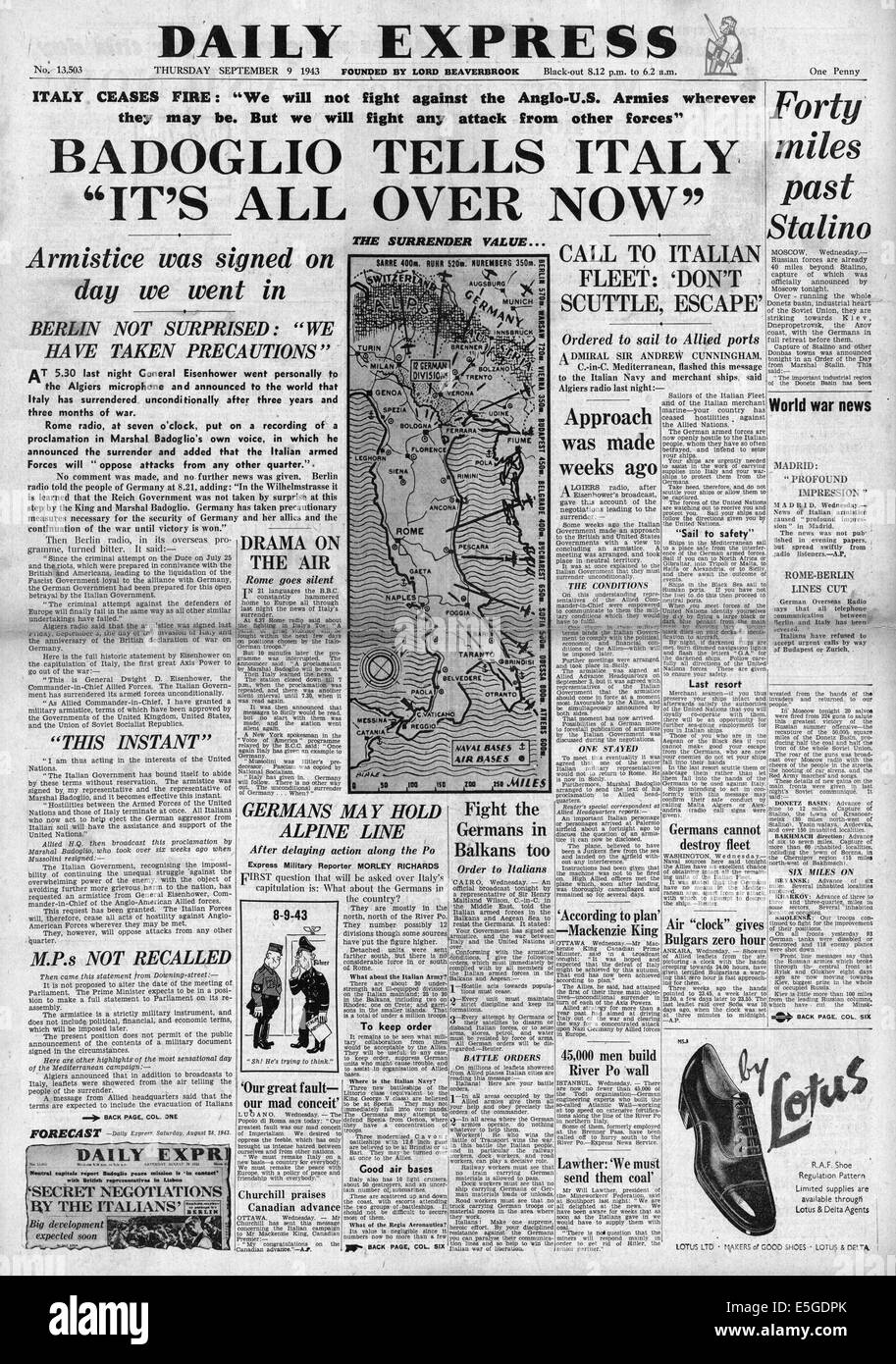 1943 daily Express Titelseite die Kapitulation Italiens vor den Alliierten Berichterstattung Stockfoto