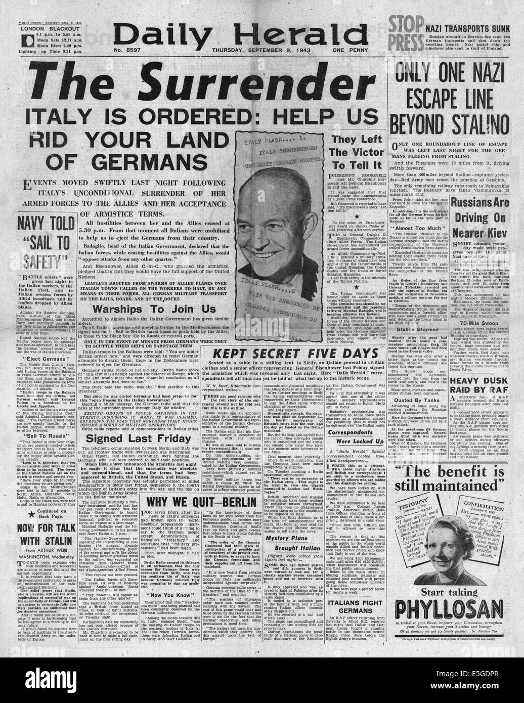1943 daily Herald Titelseite die Kapitulation Italiens vor den Alliierten Berichterstattung Stockfoto