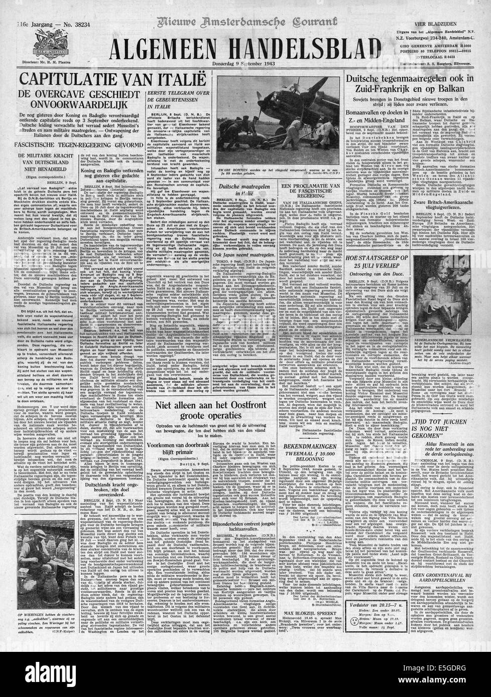 1943 Algemeen Handelsblad (Holland) Titelseite die Kapitulation Italiens vor den Alliierten Berichterstattung Stockfoto