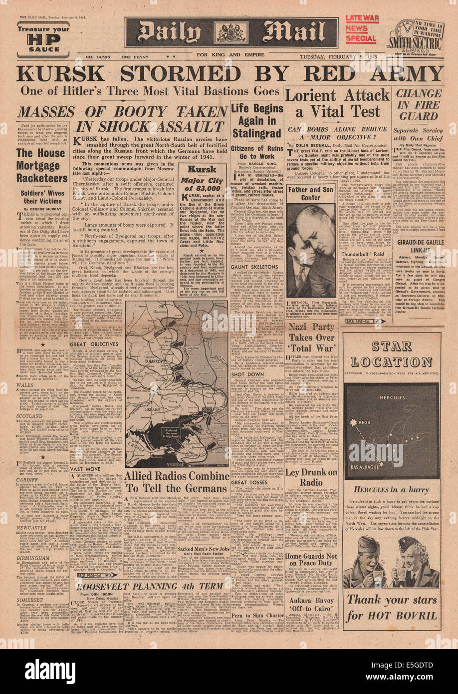 1943 Tagespost Titelseite Berichterstattung Angriff der Roten Armee bei Kursk Stockfoto