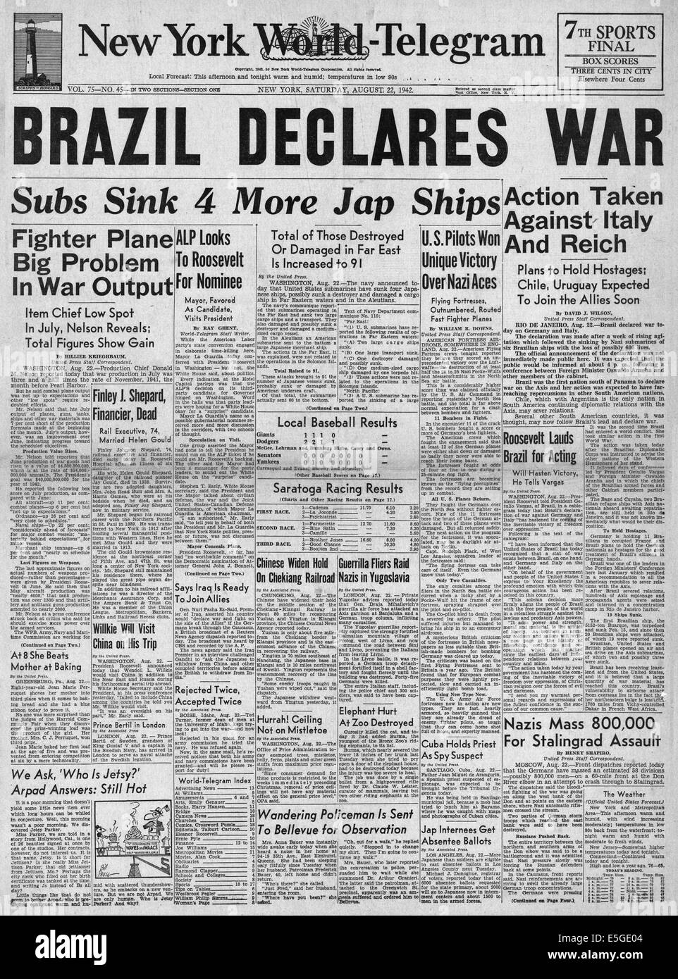 1942 New York World-Telegram Titelseite Berichterstattung Kriegserklärung durch Brasilien auf Achse Mächten Deutschland und Italien Stockfoto