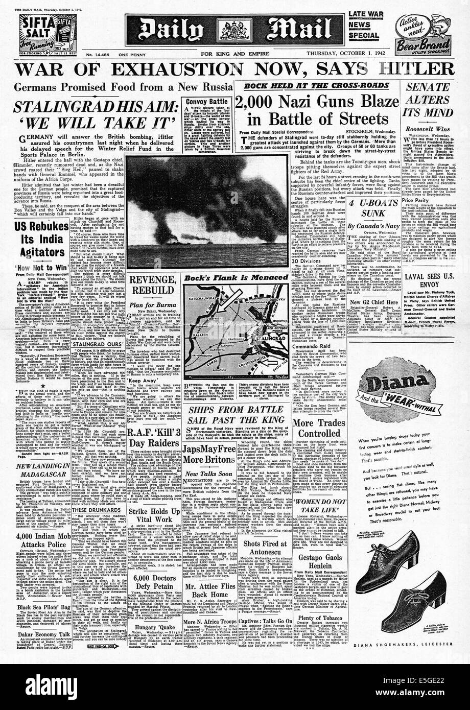 1942 Mail täglich 2. Ausgabe Titelseite Berichterstattung Bundeswehr voraus statt bei Stalingrad Stockfoto