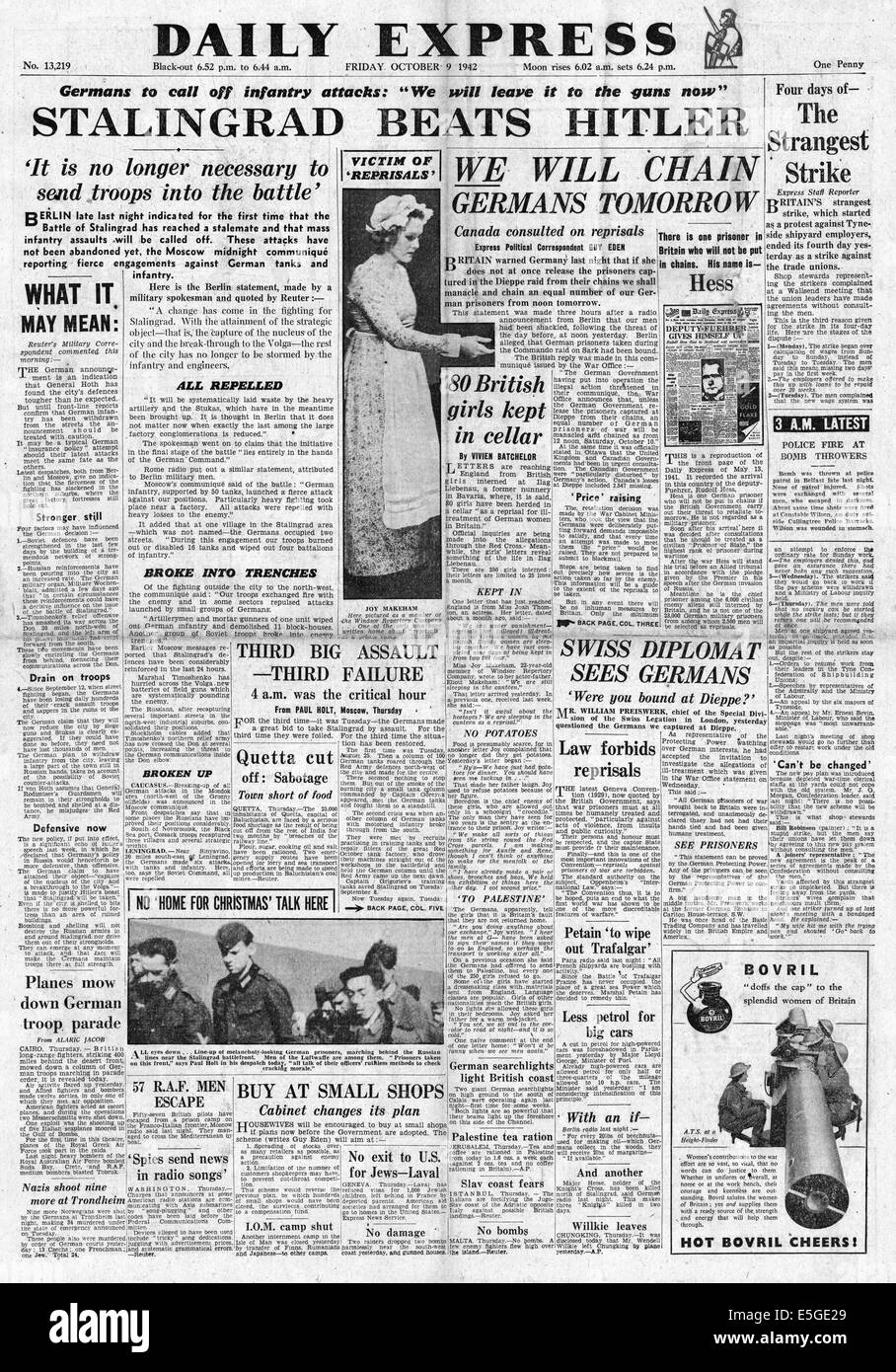 1942 daily Express Titelseite Berichterstattung Bundeswehr voraus statt bei Stalingrad Stockfoto