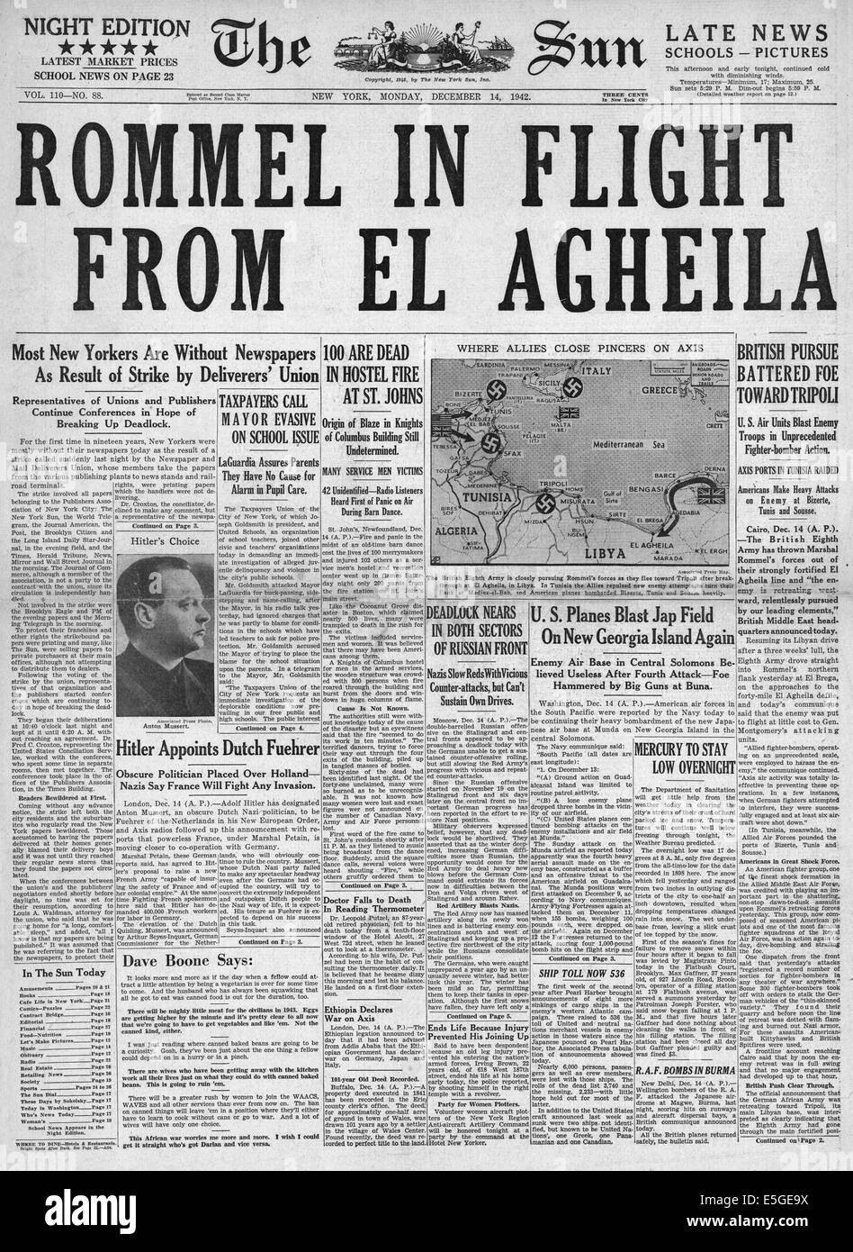 1942 der Sonne (New York) Titelseite Berichterstattung Rommel und Achse Truppen auf dem Rückzug von El Agheila, Libyen Stockfoto