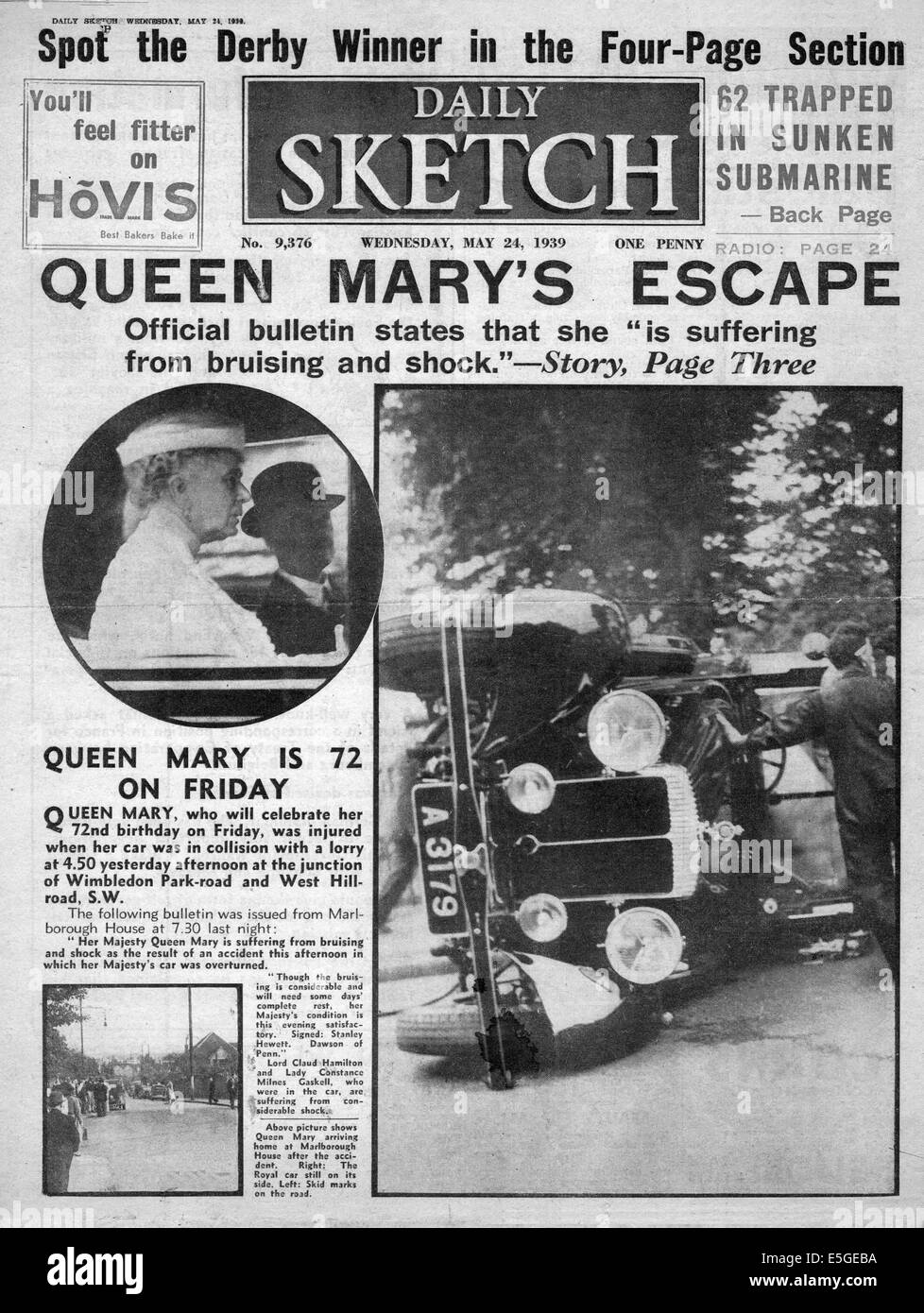 1939 daily Sketch Titelseite Berichterstattung, Queen Mary in Wimbledon Autounfall verletzt Stockfoto