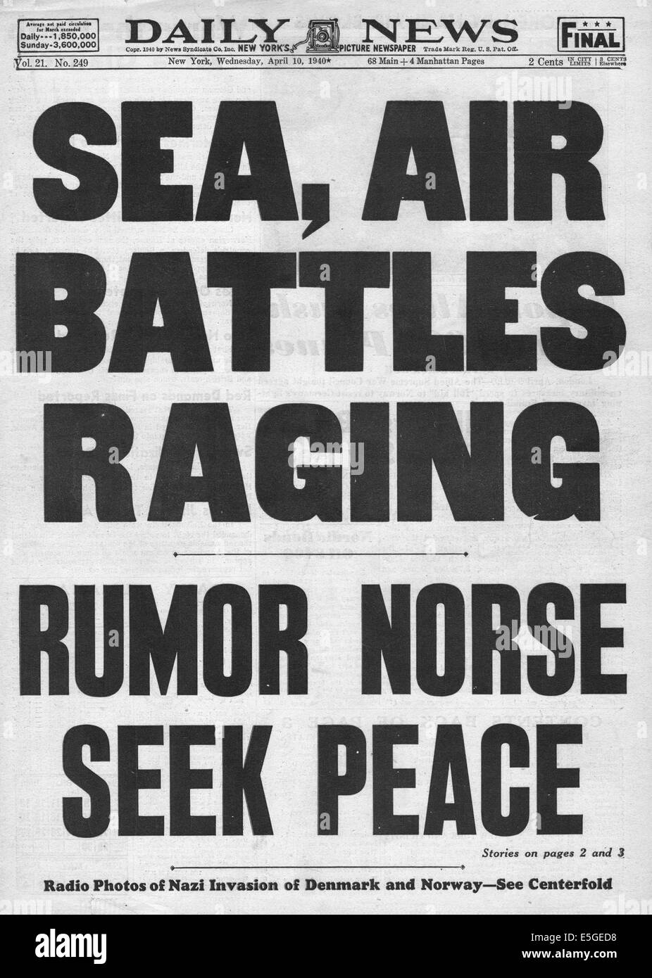 1940 daily News (New York) Titelseite Berichterstattung der deutschen Invasion von Norwegen Stockfoto