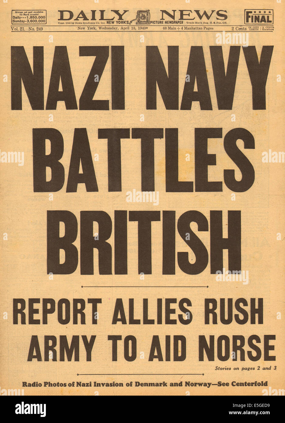 1940 daily News (New York) Titelseite Berichterstattung der deutschen Invasion von Norwegen Stockfoto