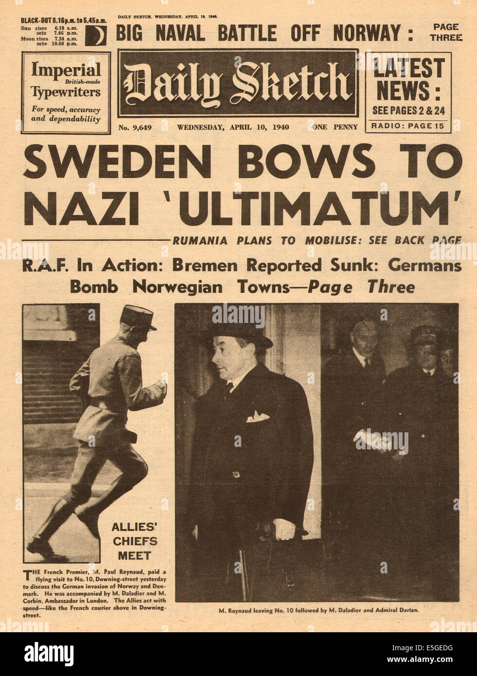 1940 daily Sketch Titelseite Berichterstattung der deutschen Invasion von Norwegen Stockfoto