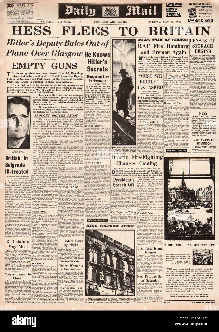 1941 Tagespost Titelseite berichtet Rudolf Hess landet in Großbritannien Stockfoto
