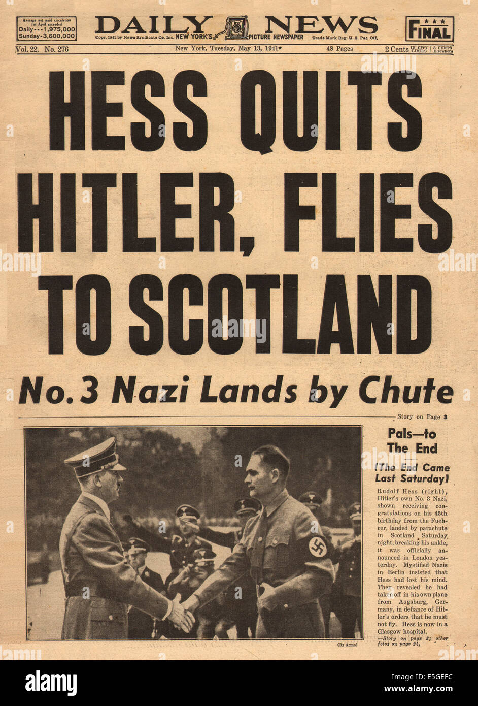 1941 landet daily News (New York) Titelseite berichtet Rudolf Hess in Großbritannien Stockfoto