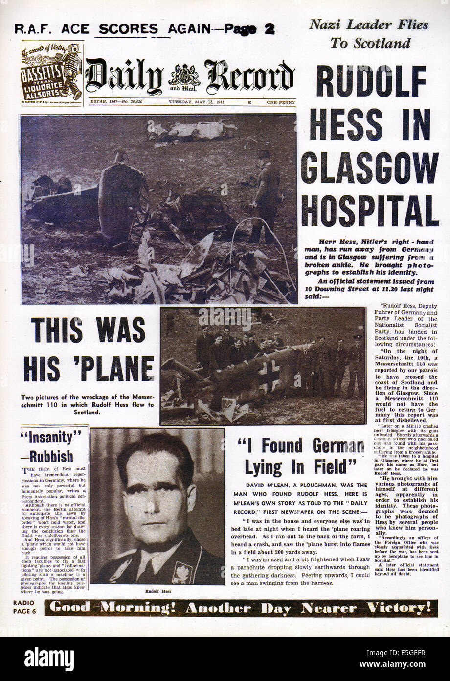 1941 daily Record Titelseite berichtet Rudolf Hess landet in Großbritannien Stockfoto
