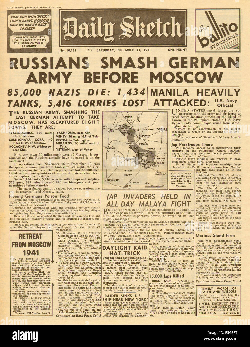 1941 daily Sketch Titelseite Berichterstattung der deutschen Armee vor Moskau von der russischen Armee während der Operation Barbarossa zurückgehalten Stockfoto