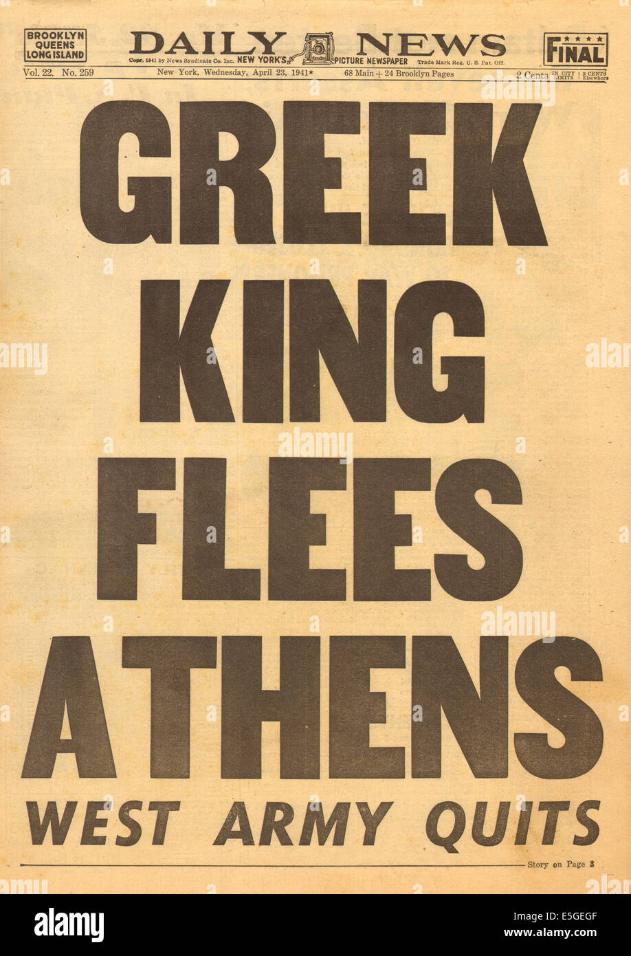 1941 New York Daily News Startseite Berichterstattung griechischen König George II verlässt nach dem deutschen Einmarsch in Griechenland Stockfoto
