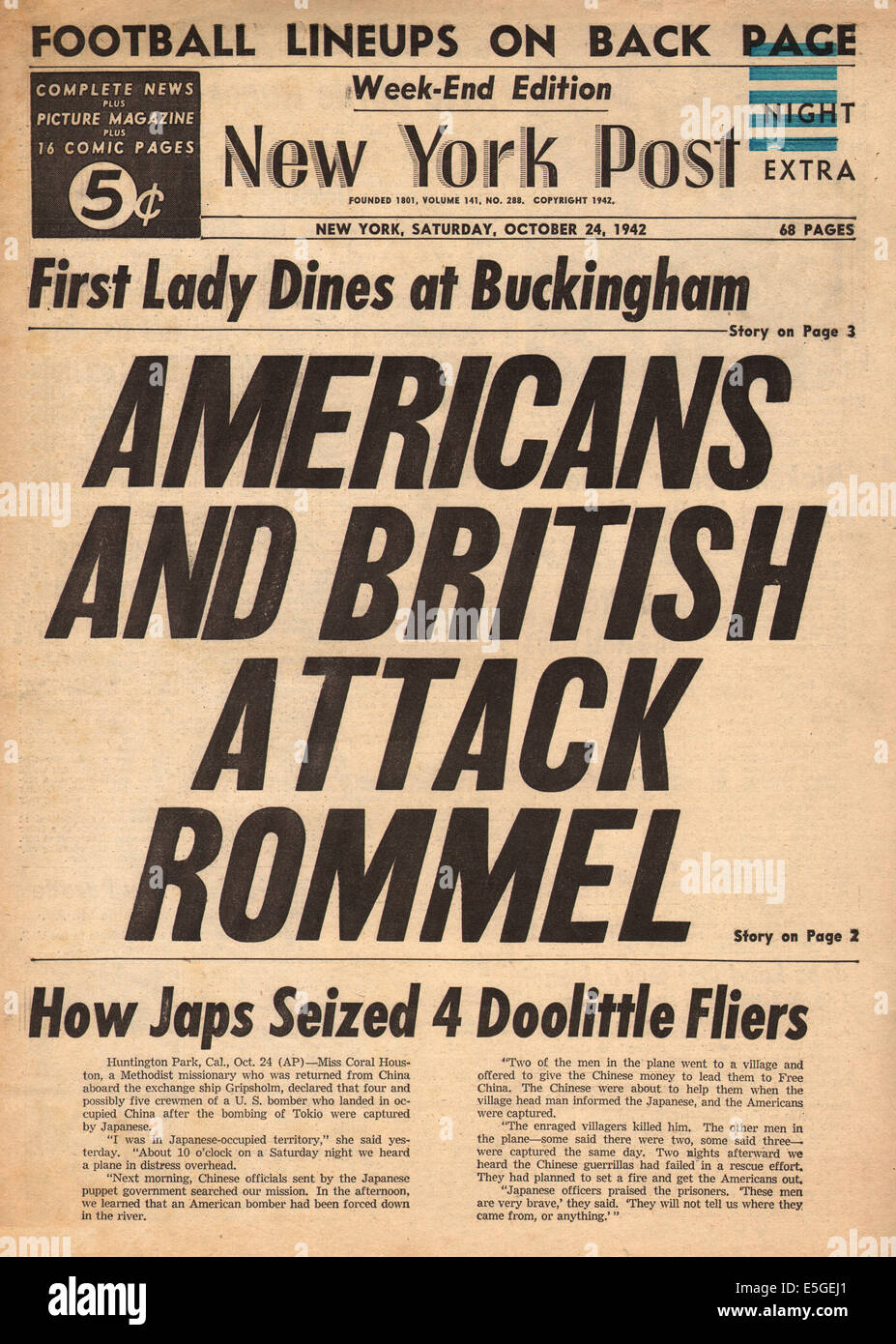 1942 New York Post Titelseite Berichterstattung Operation Torch und der amerikanischen & British Invasion in Nordafrika Stockfoto