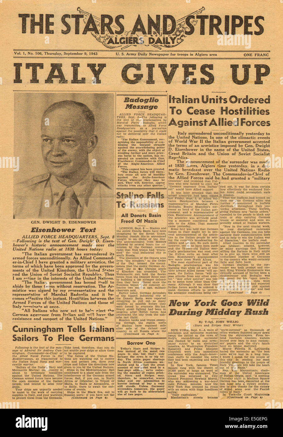 1943 Stars And Stripes Titelseite Berichterstattung Italien kapituliert Stockfoto