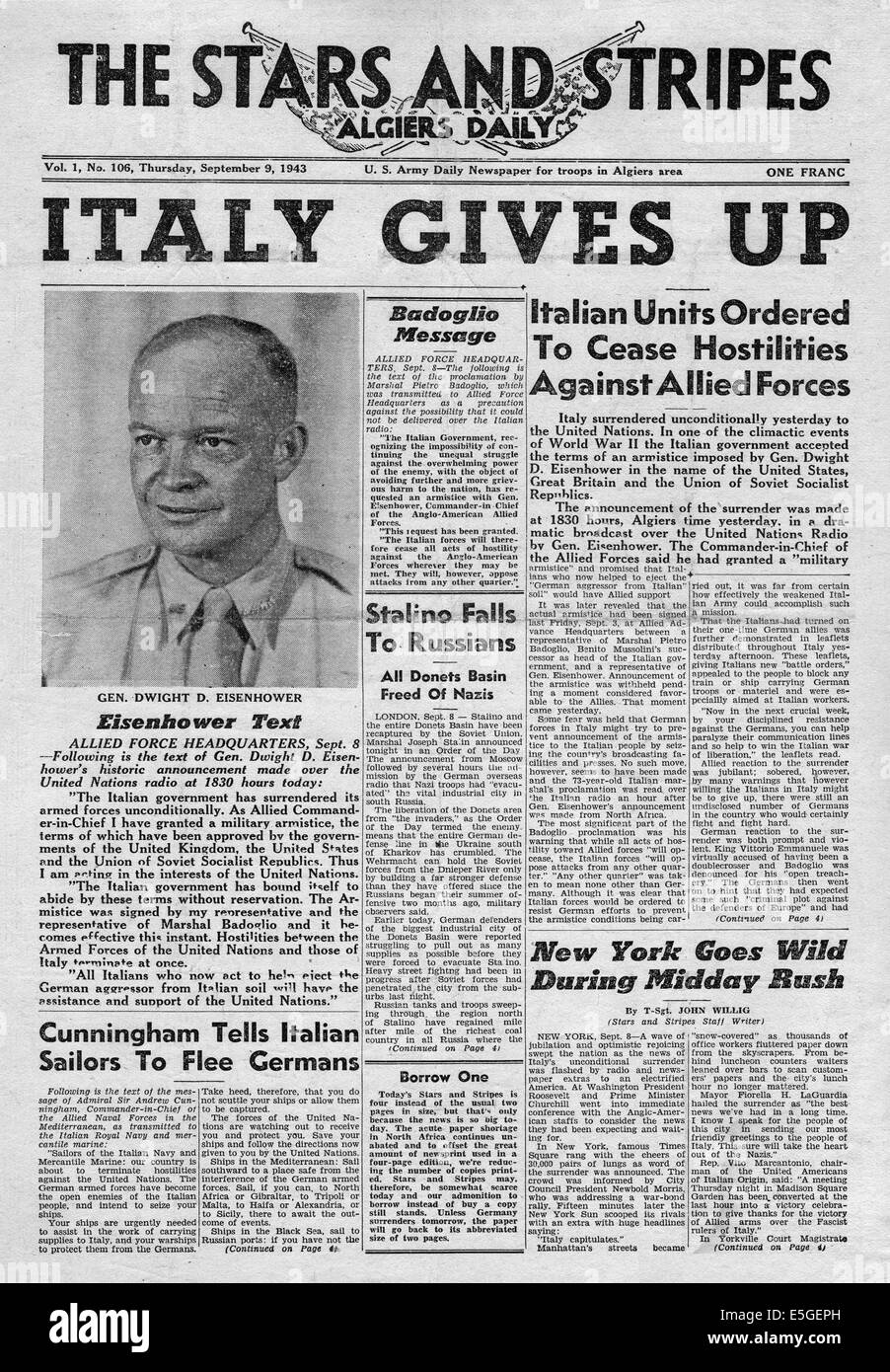 1943 Stars And Stripes Titelseite Berichterstattung Italien kapituliert Stockfoto
