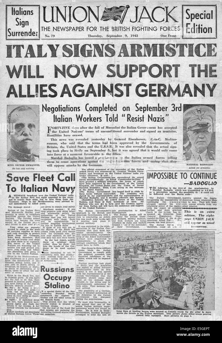 1943 Union Jack (britische militärische Papier) Front Seite Berichterstattung Italien kapituliert Stockfoto