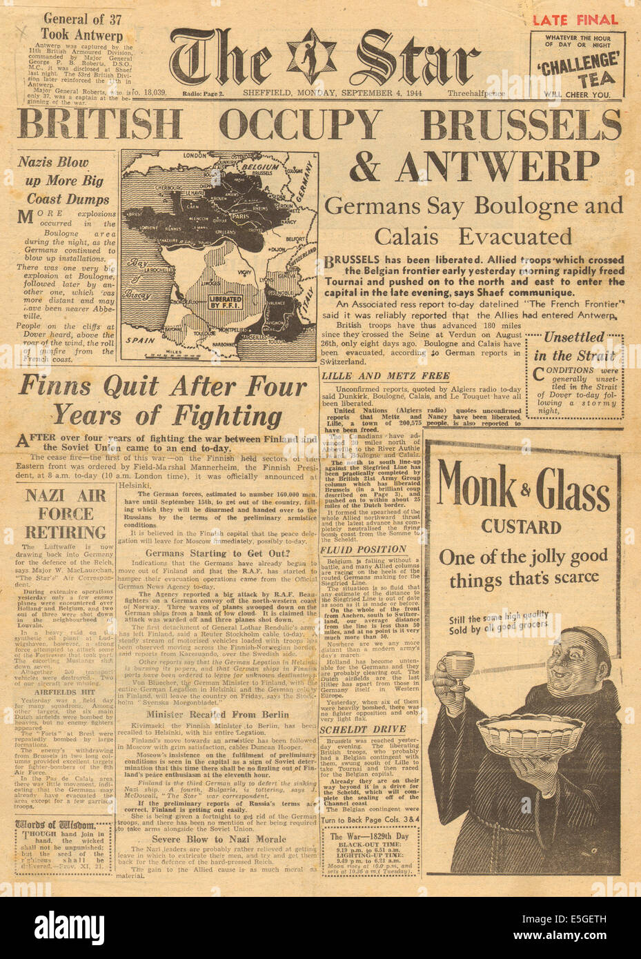 1944 die Sterne (Sheffield)-Titelseite Berichterstattung der britischen Armee zu befreien, Brüssel und Antwerpen Stockfoto