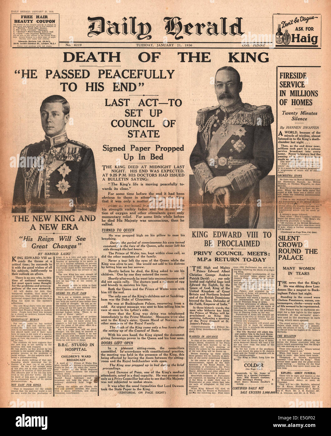 1936 daily Herald Titelseite der Tod von König George V Stockfoto