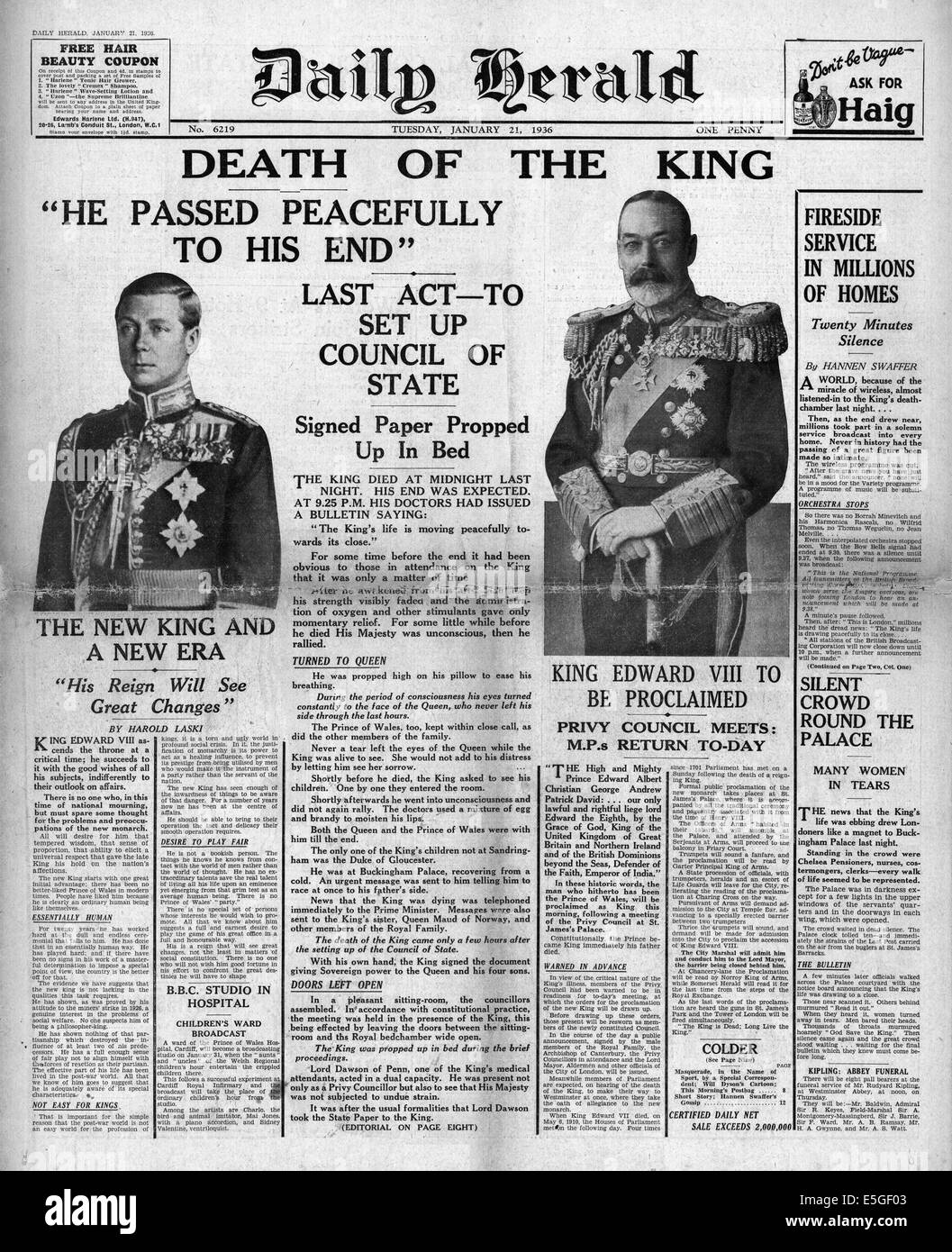 1936 daily Herald Titelseite der Tod von König George V Stockfoto