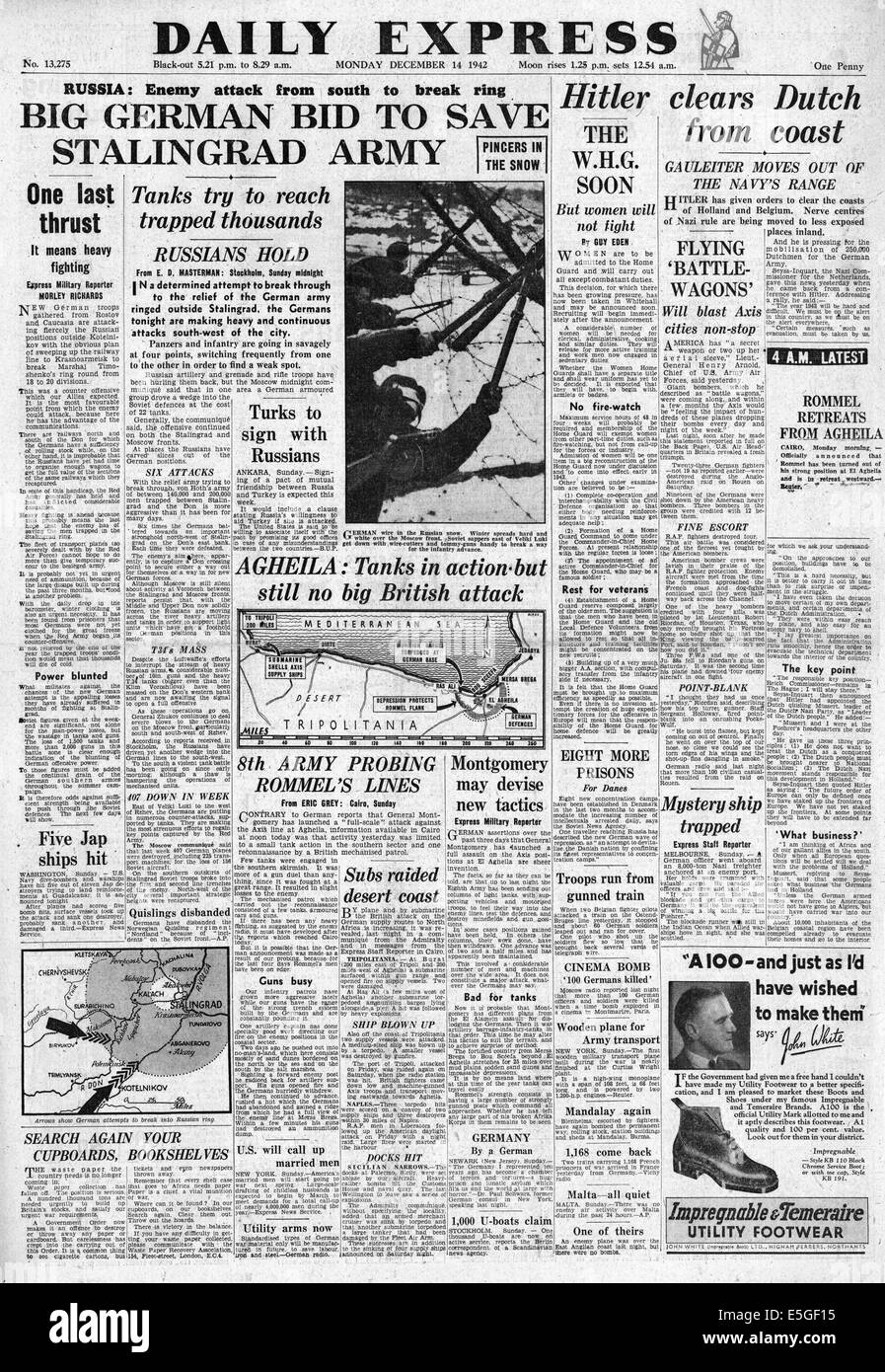 1942 daily Express Titelseite Berichterstattung Bundeswehr Rettungsversuch im belagerten deutschen 6. Armee in Stalingrad Stockfoto