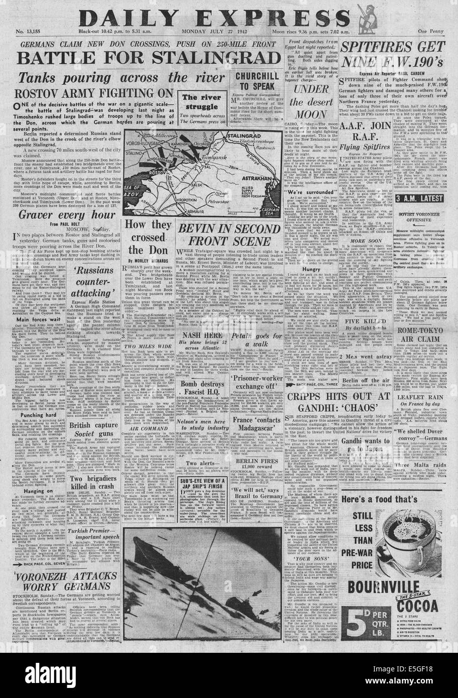 1942 daily Express Front Seite Berichterstattung Schlacht um Stalingrad Stockfoto