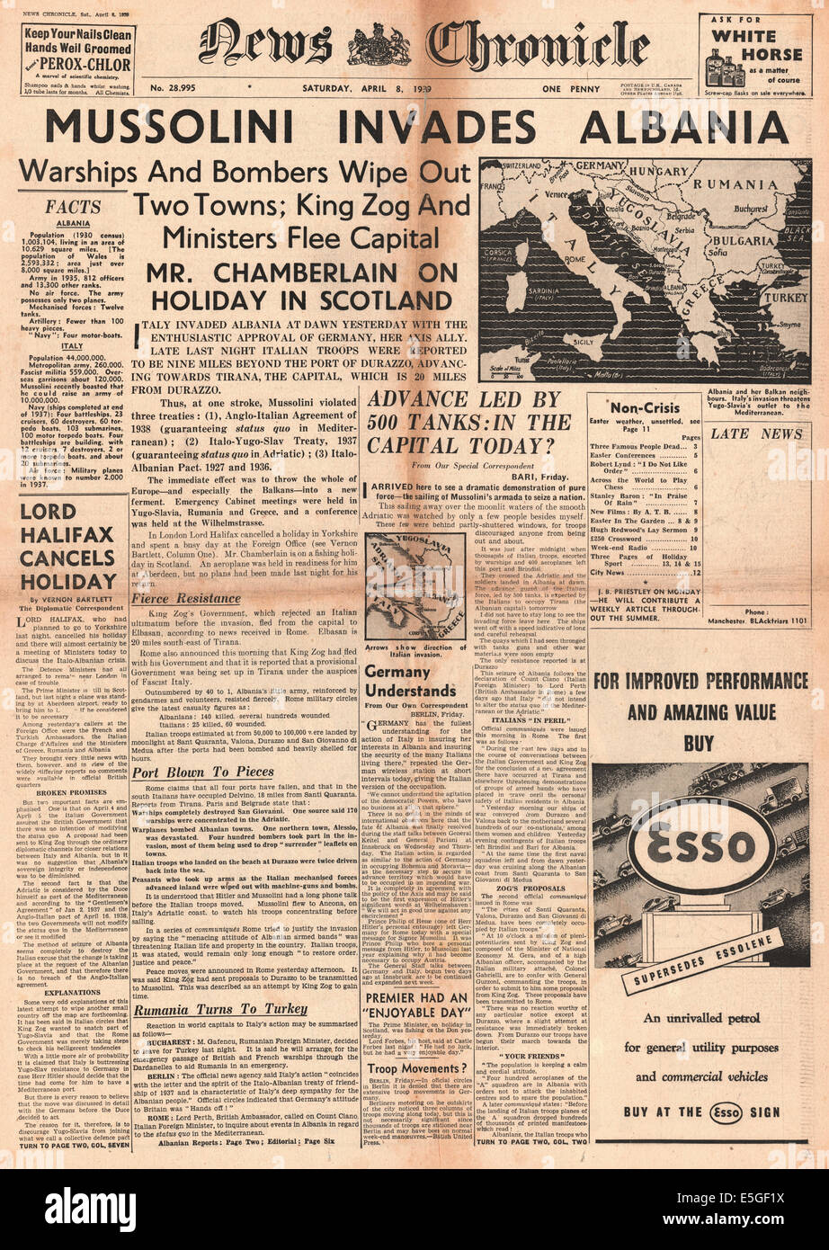 1939-News Chronicle Titelseite Berichterstattung italienischen Kräfte von Benito Mussolini dringen in Albanien Stockfoto