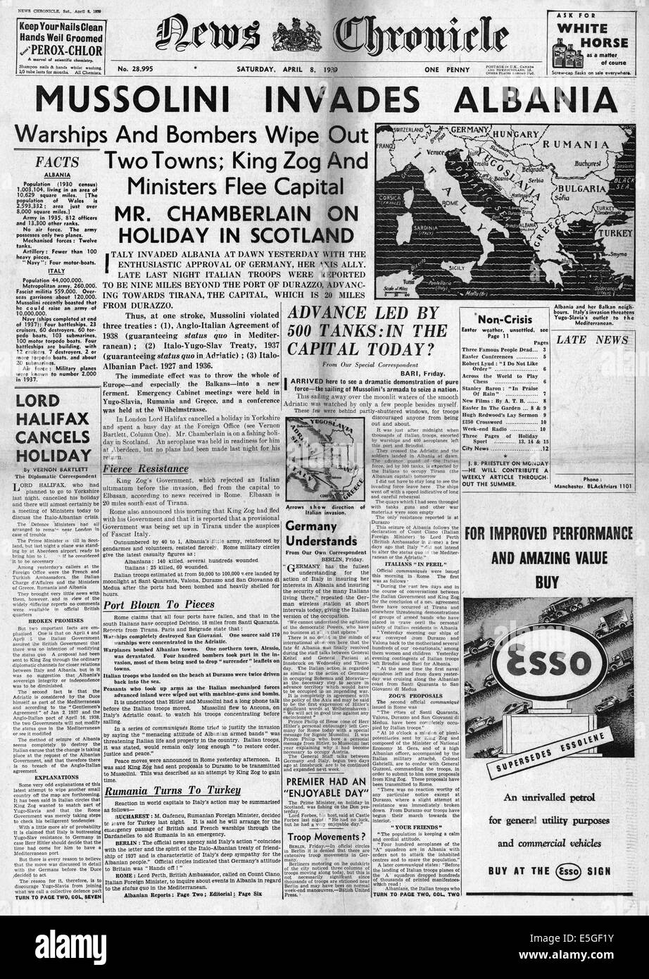 1939-News Chronicle Titelseite Berichterstattung italienischen Kräfte von Benito Mussolini dringen in Albanien Stockfoto