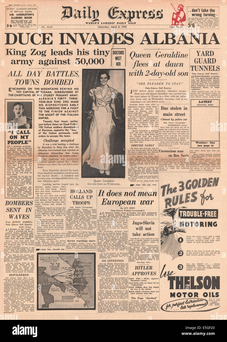 1939 daily Express Titelseite Berichterstattung italienischen Kräfte von Benito Mussolini dringen in Albanien Stockfoto