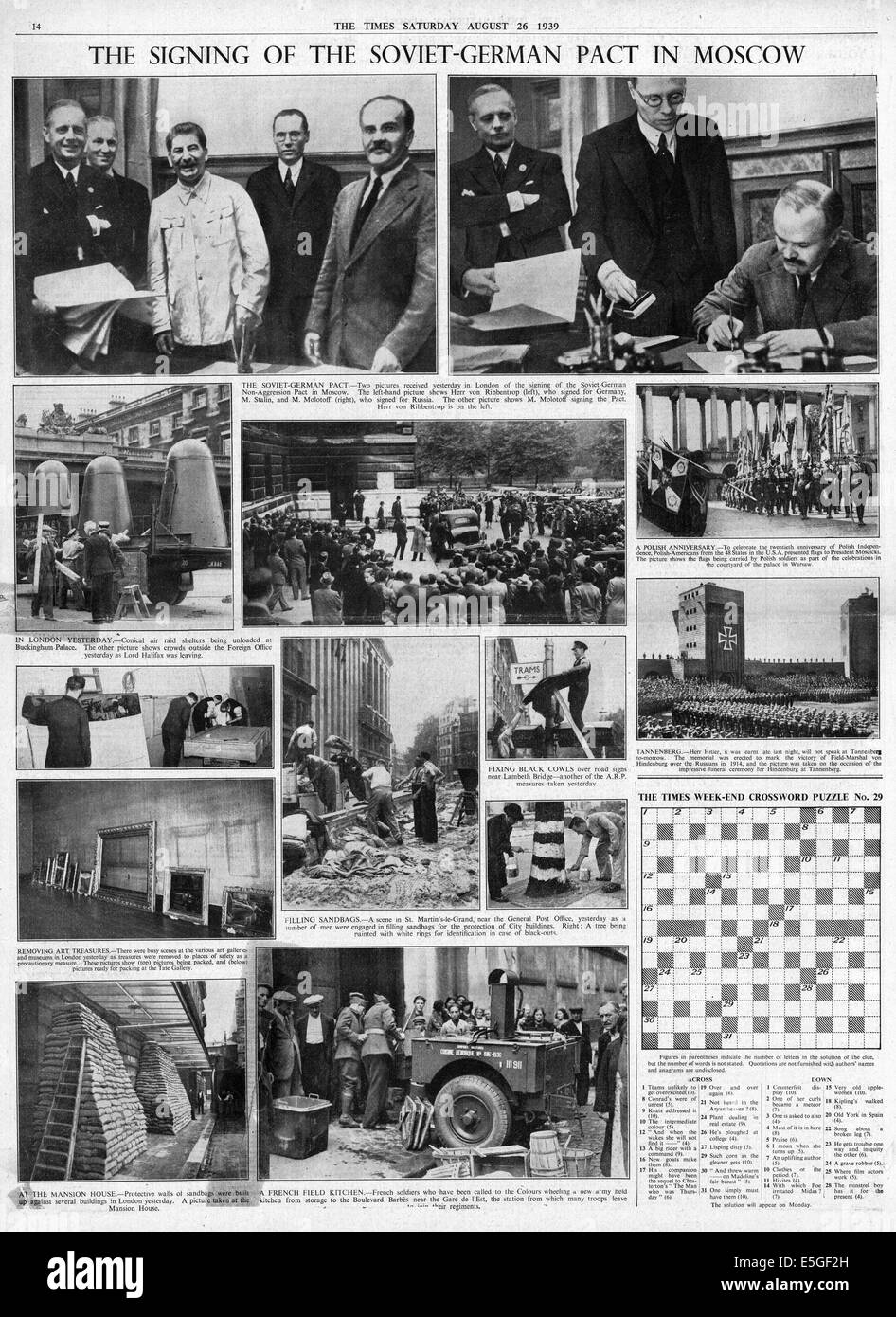 1939 die Zeiten Seite 14 Berichterstattung Nazi-Sowjet Pakt vom deutschen Außenminister Joachim Ribbetrop und sowjetischen Außenministers Vyacheslav Molotov unterzeichnet Stockfoto