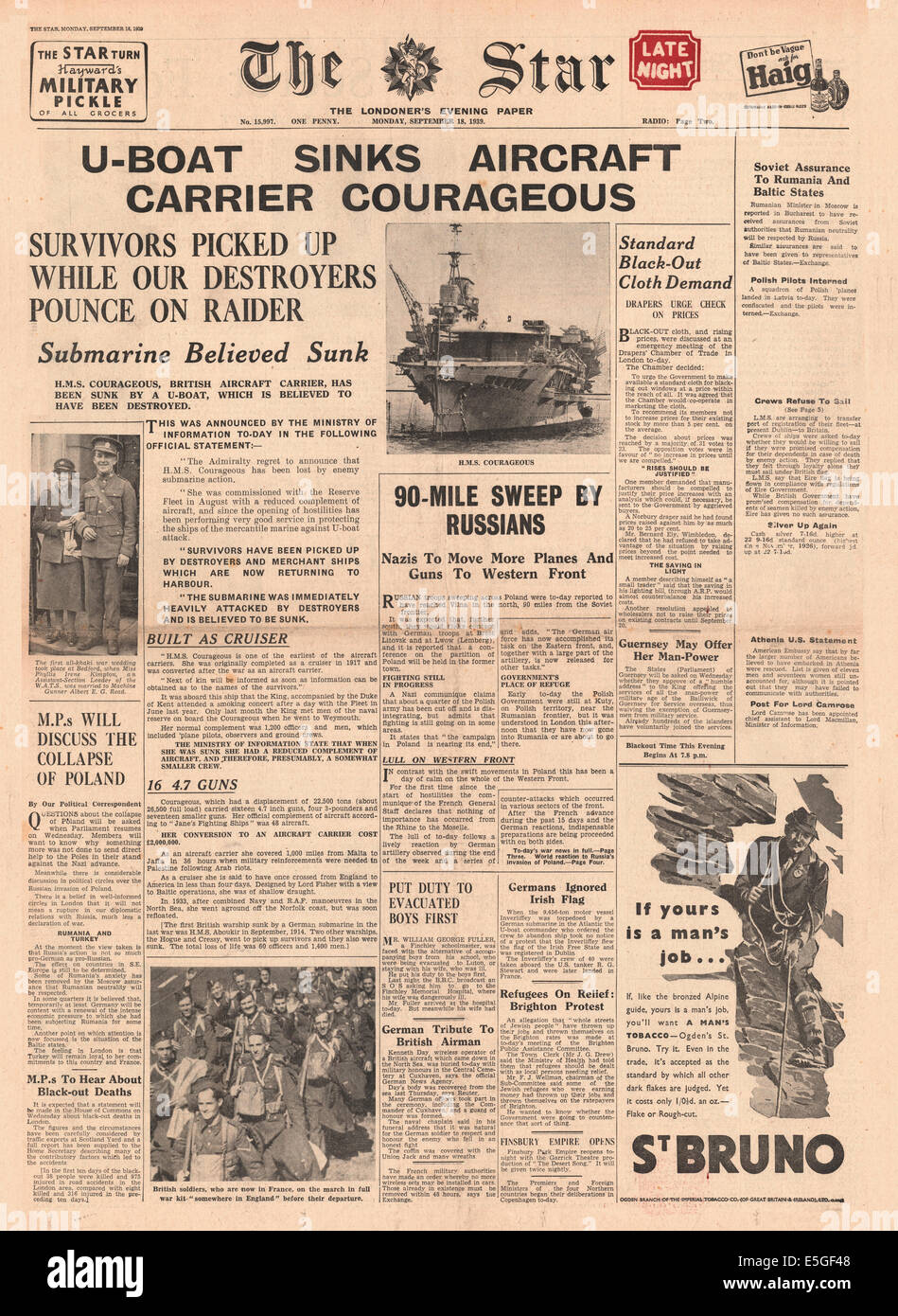 1939 der Sterne (London) Titelseite Berichterstattung der Untergang der britischen Flugzeugträger HMS Courageous Stockfoto