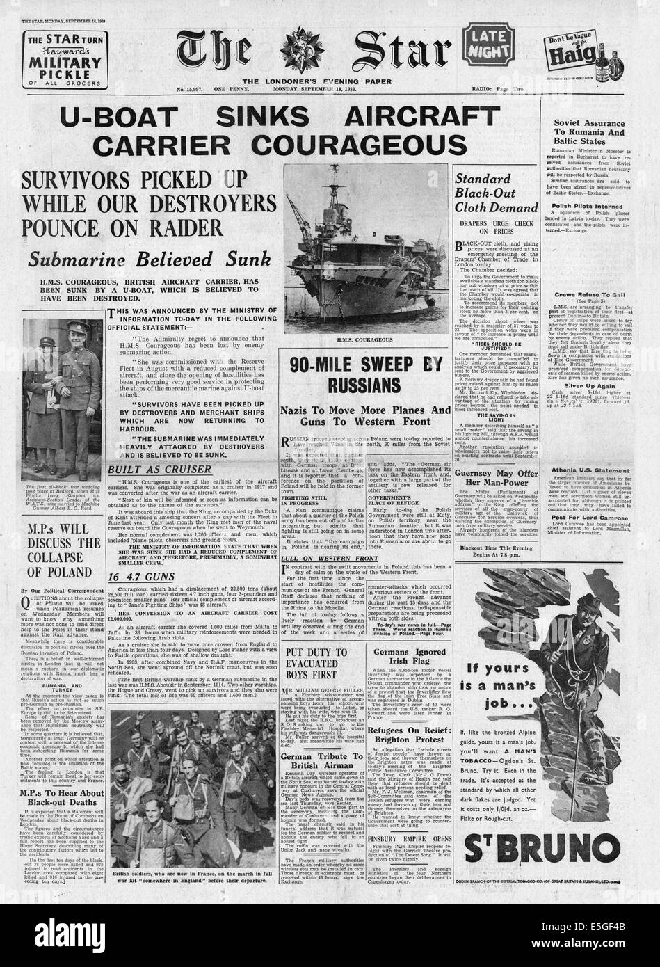 1939 der Sterne (London) Titelseite Berichterstattung der Untergang der britischen Flugzeugträger HMS Courageous Stockfoto