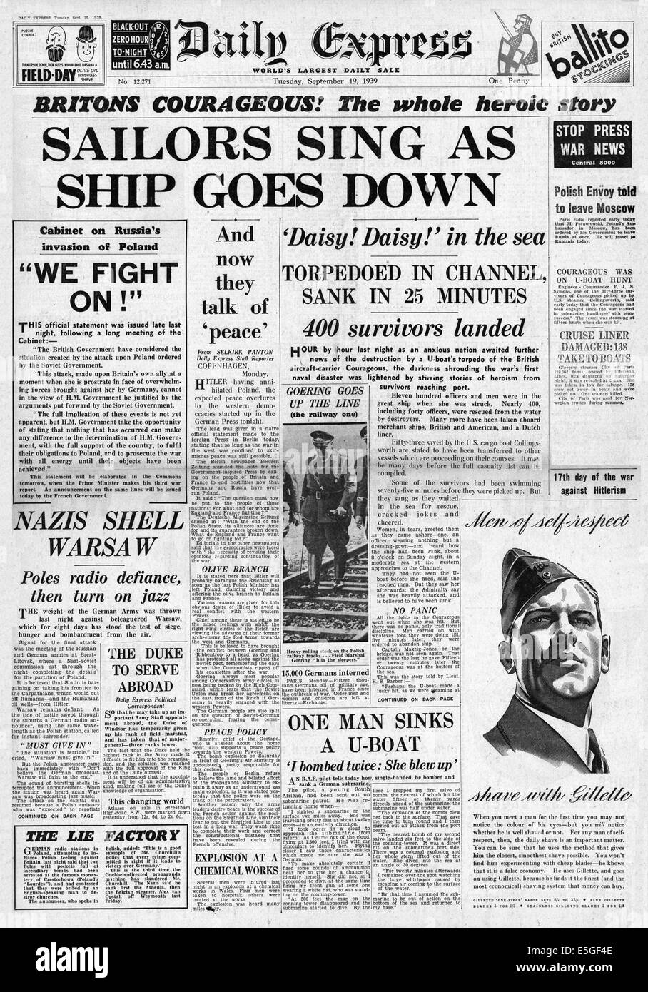 1939 daily Express Titelseite Berichterstattung der Untergang der britischen Flugzeugträger HMS Courageous Stockfoto