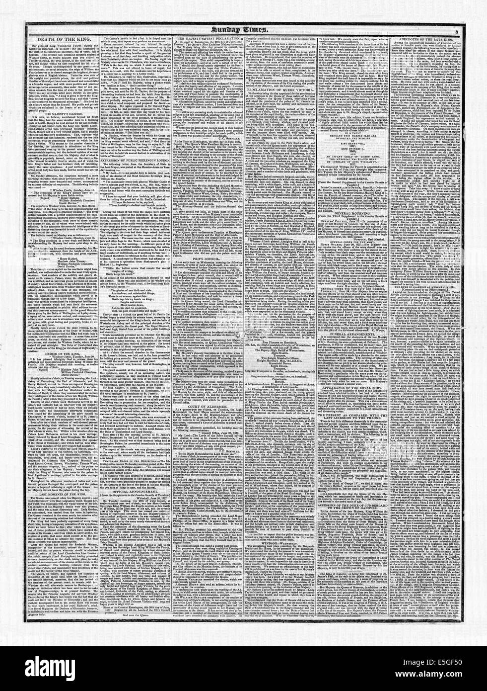 1837 Sunday Times Seite 3 der Tod von König William IV Stockfoto