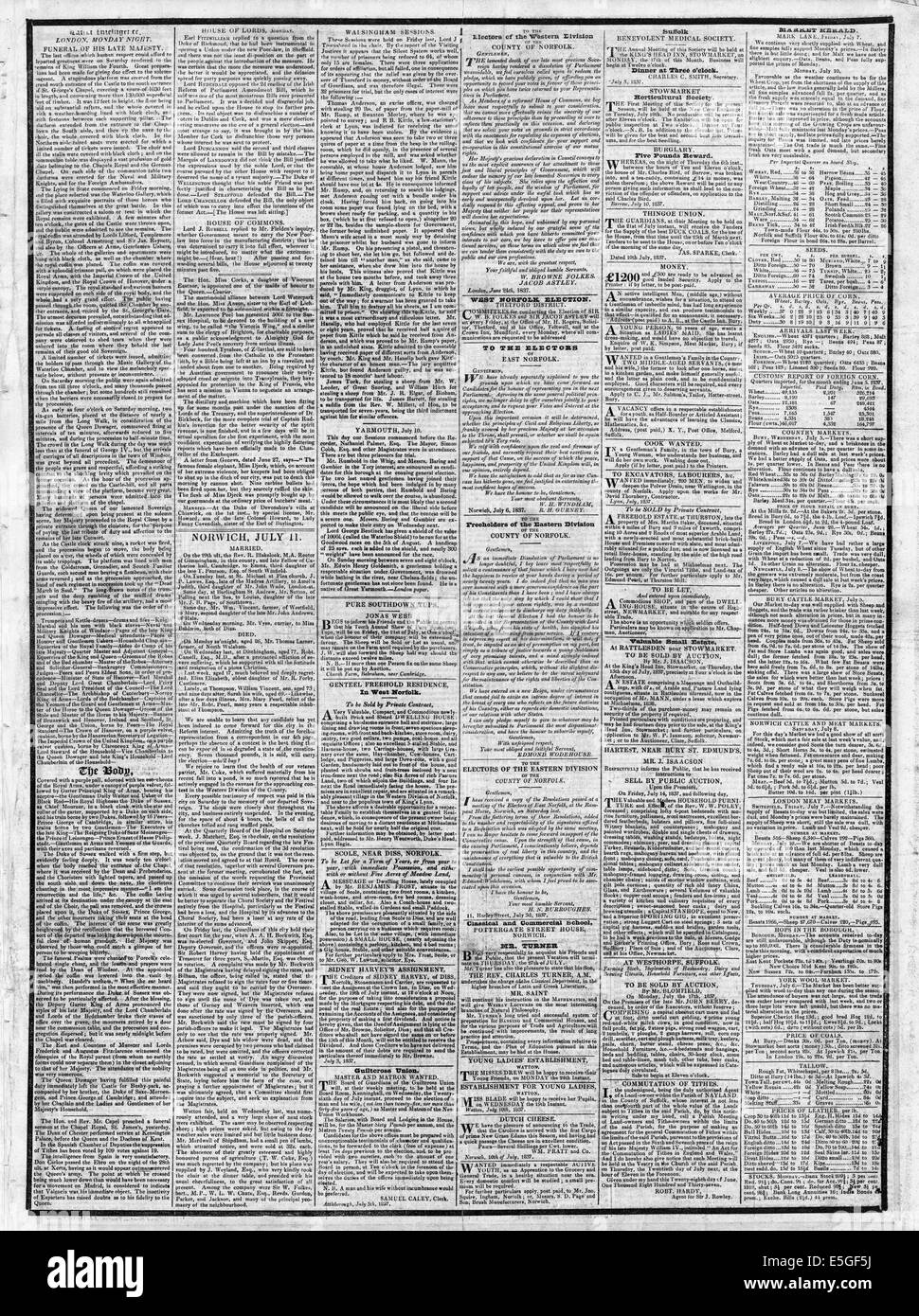 1837 die Bury & Norwich Post Seite 3 Berichterstattung der Beerdigung von König William IV. Stockfoto