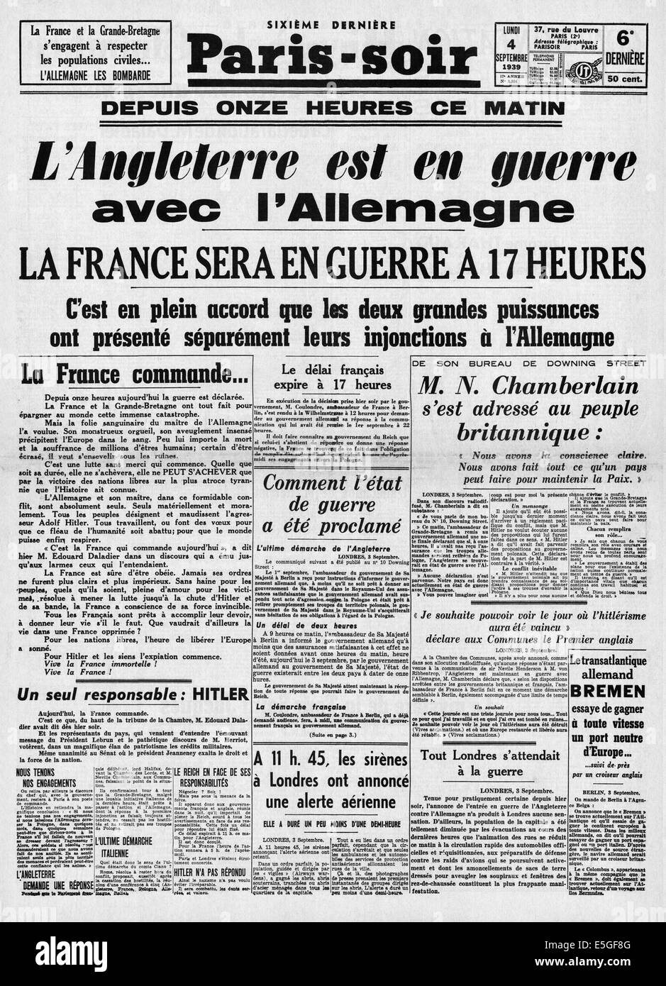 1939 Paris-Soir (Frankreich) Titelseite Berichterstattung ...