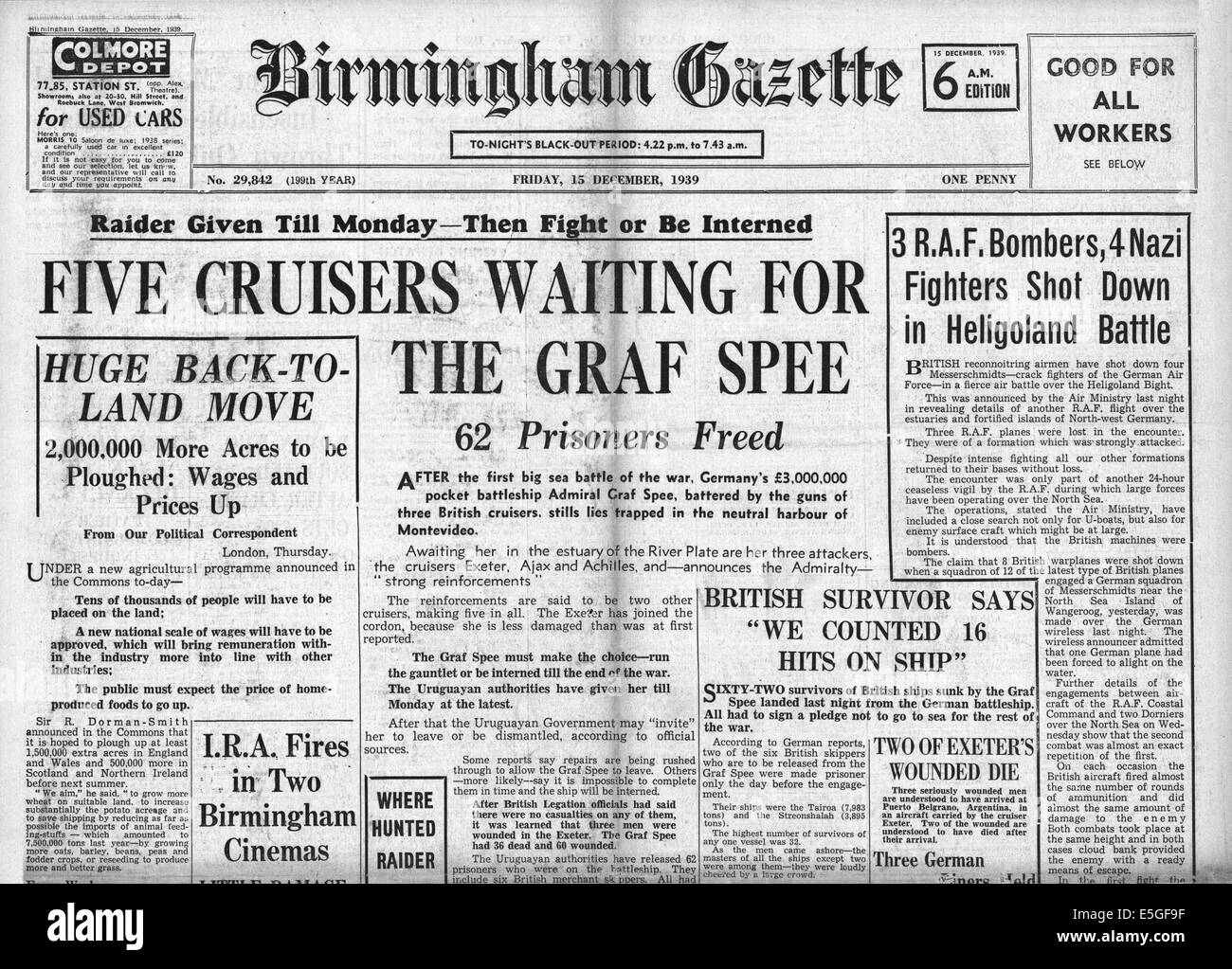 1939 Birmingham Zeitung Titelseite Berichterstattung deutschen Panzerschiff Admiral Graf Spee versenkt Stockfoto