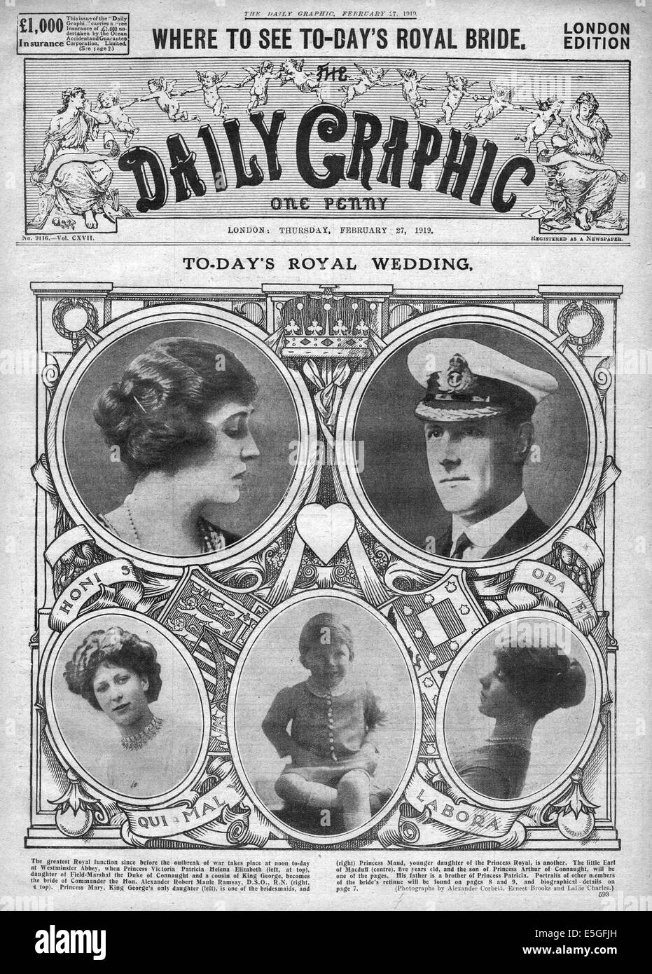 Daily Graphic Titelseite 1919 Berichterstattung der Tag der Hochzeit von Prinzessin Patricia von Connaught und Alexander Ramsay Stockfoto