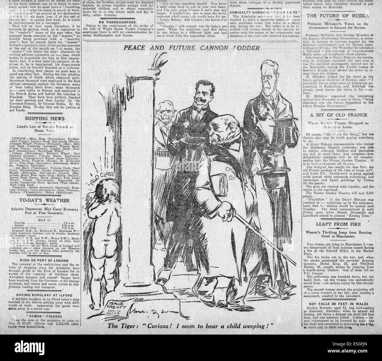 Mai 1919 Daily Herald cartoon von Willen Dyson '' Frieden und Zukunft Cannon Fodder'' Stockfoto