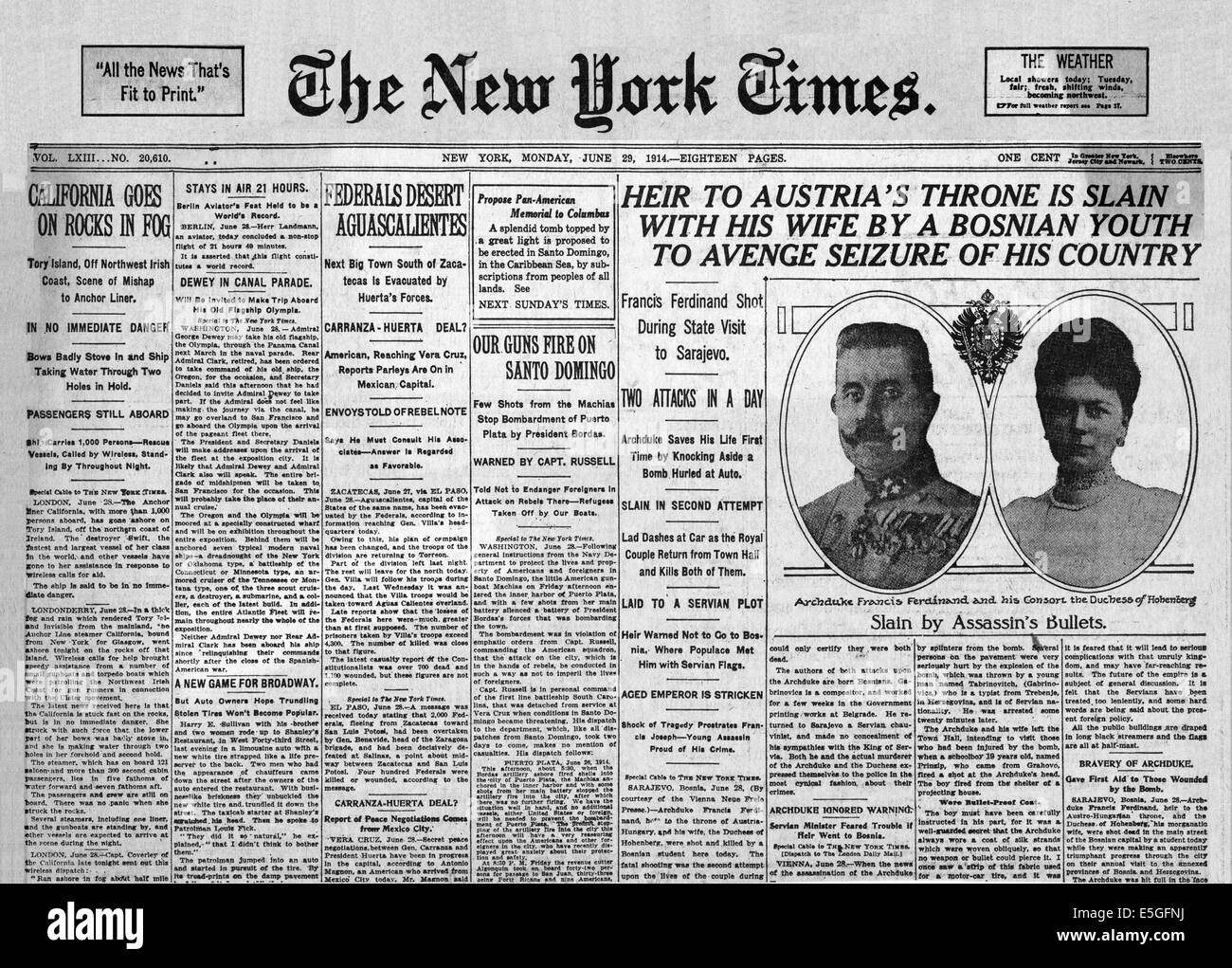 1914 die New York Times Front Seite Berichterstattung Ermordung von Erzherzog Franz Ferdinand von Austro-Ungarn von bosnisch-serbischen Gavrilo Princip in Sarajevo Stockfoto