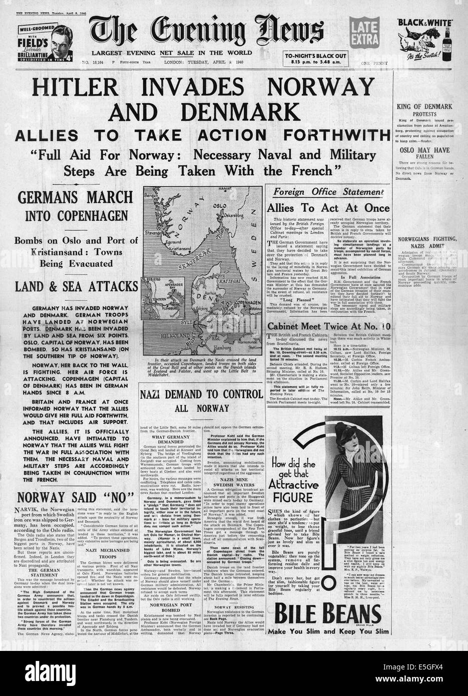 1940 dringt Evening News (London) Titelseite Berichterstattung Deutschland, Norwegen und Dänemark Stockfoto