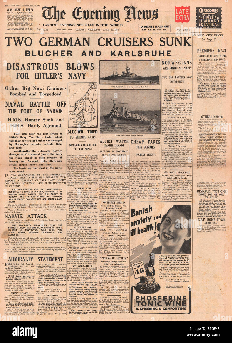 1940-Abend-Nachrichten (London) Titelseite Berichterstattung der Untergang der deutschen Kreuzer Blücher und Karlsruhe während der Invasion von Norwegen Stockfoto