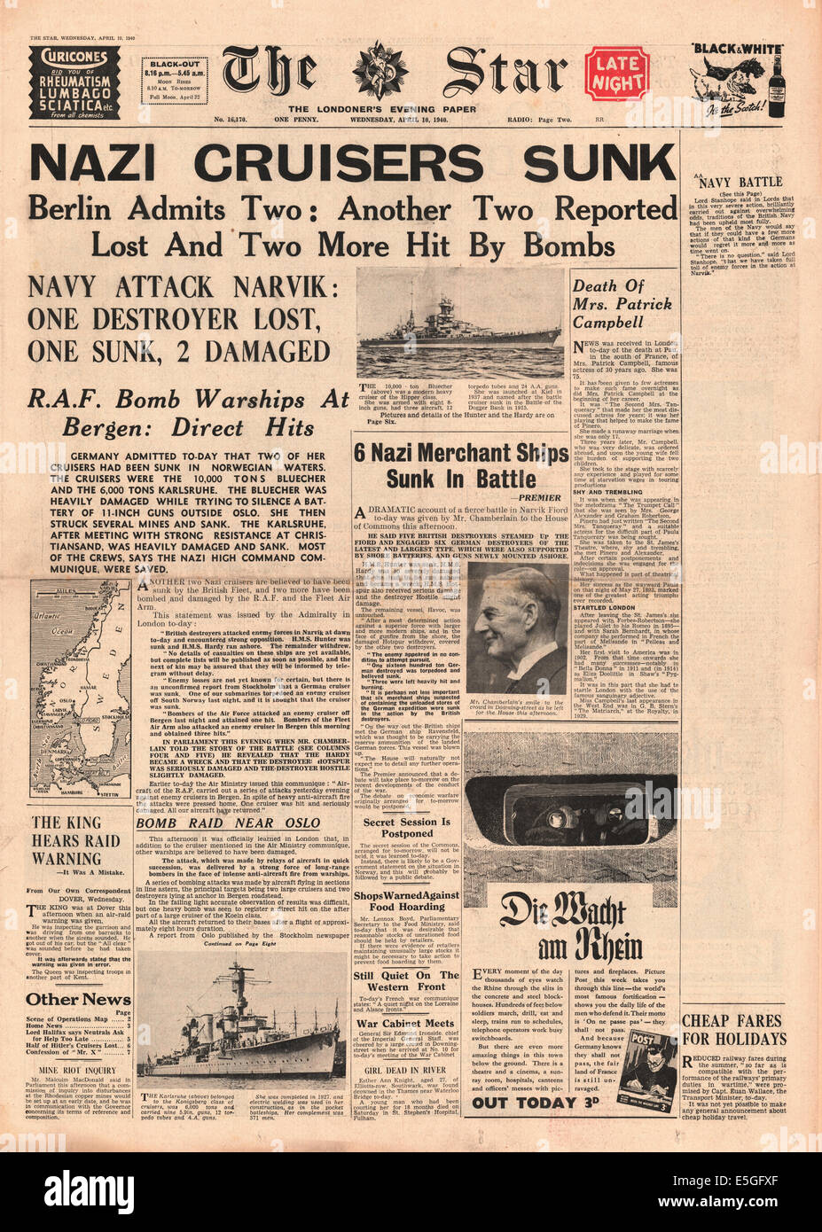 1940 der Sterne (London) Titelseite Berichterstattung der Untergang der deutschen Kreuzer Blücher und Karlsruhe während der Invasion von Norwegen Stockfoto