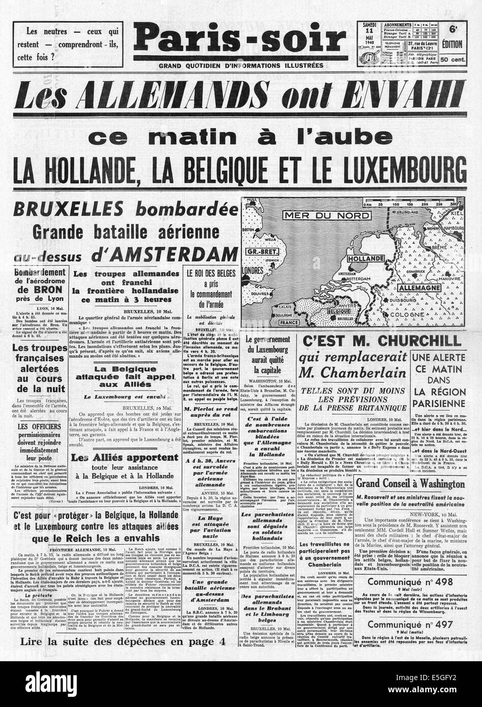 1940 Paris-Soir (Frankreich, 2. Auflage) Titelseite Berichterstattung Deutschland dringt in Holland, Belgien und Luxemburg Stockfoto
