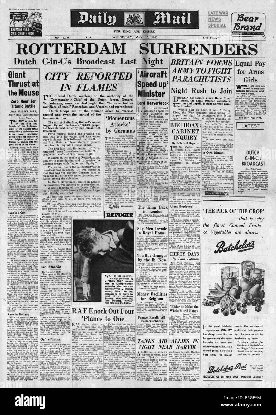 1940 Mail täglich (2.Auflage) Titelseite Berichterstattung Kapitulation der niederländischen Armee Stockfoto