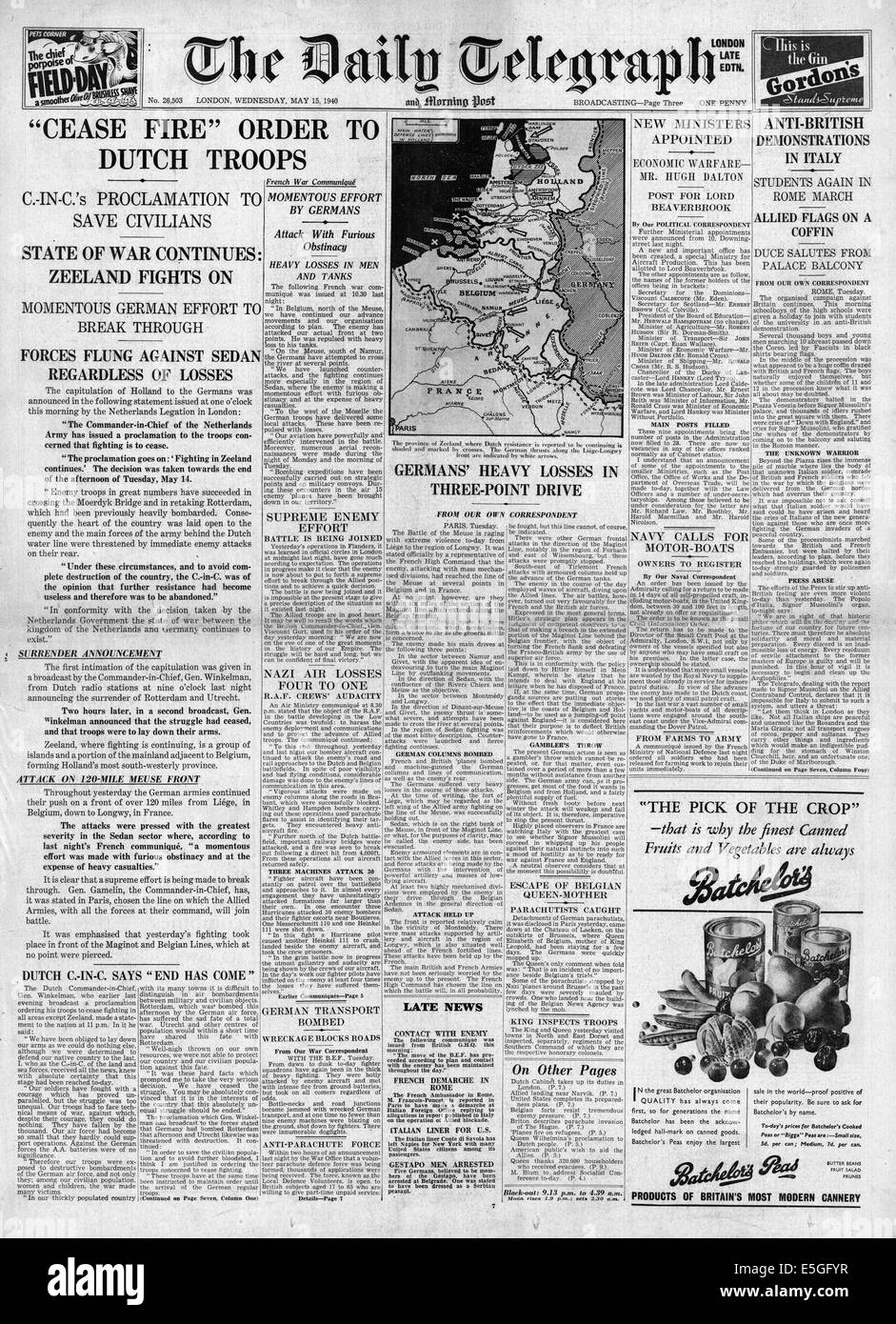 1940 daily Telegraph Titelseite Berichterstattung Kapitulation der niederländischen Armee Stockfoto